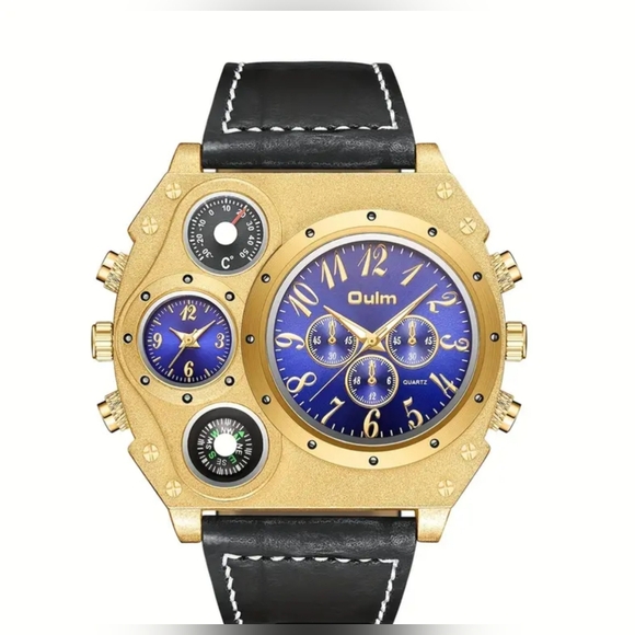 Mens large face dual time zone watch, leather, new in box - Picture 3 of 5